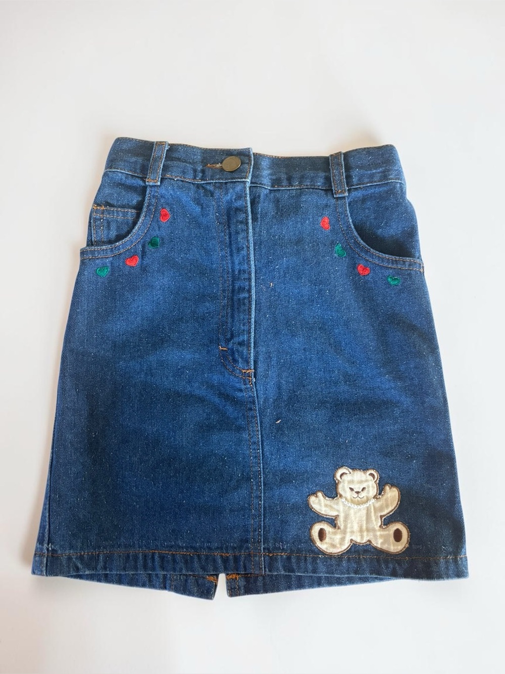 Vintage 90s Jo Jo Fashions Girls 6X Denim Skirt Teddy Bear Hearts